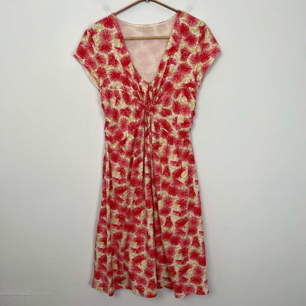 Garnet Hill Women's Red Yellow Floral V Neck Twist Front Midi Dress Size 6